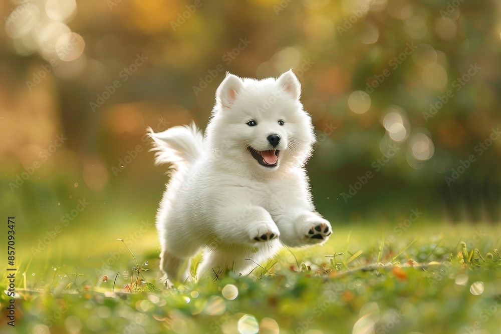 Energetic samoyed puppy running joyfully in meadow playful beauty captured in high quality image Energetic samoyed puppy running joyfully in meadow playful beauty captured in high quality image