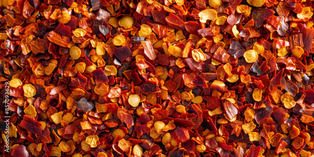 Close up spicy chili red pepper flakes, chopped, milled dry paprika pile. Close up spicy chili red pepper flakes, chopped, milled dry paprika pile.