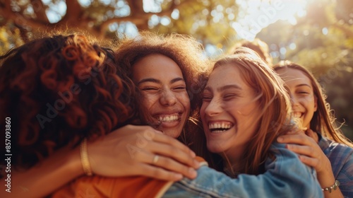 Groups of diverse and beautiful young women laughing and hugging in parks symbolize trust, affection, and support in social circles AIG535 photo
