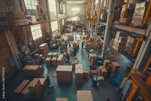 Industrial warehouse featuring large boxes and workers engaged in various activities