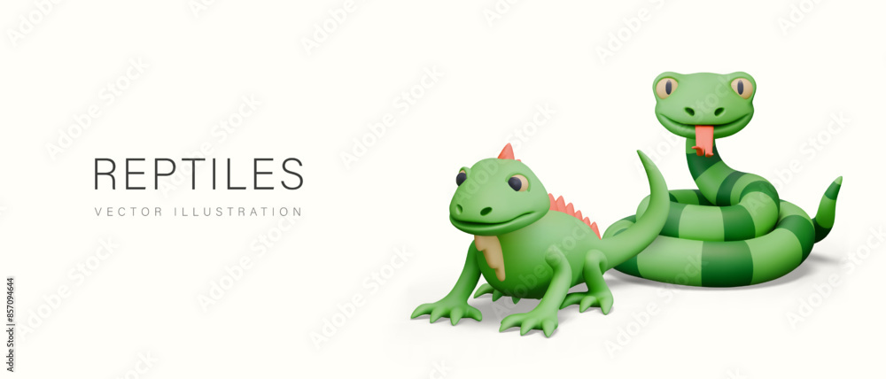 Fototapeta premium Group of reptiles on white background. Funny striped snake with sticking out tongue, green iguana