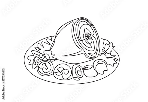Meat with vegetables dish. Pork knuckle, meat on bone, pork and vegetable salad. One continuous line drawing. Food in a restaurant.  One Line Art isolated white background.
