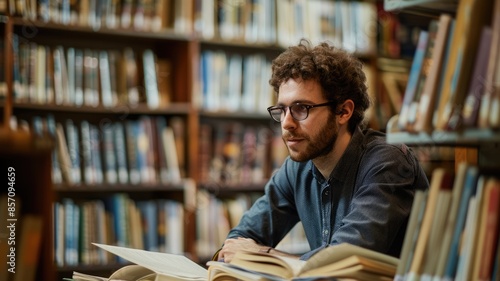 A man engrossed in reading, surrounded by books, in a cozy library, delves deep into knowledge AIG58 photo