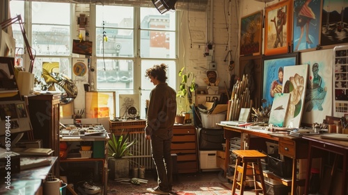 An artist in a vibrant studio with green plants, fostering free creativity and imagination AIG58