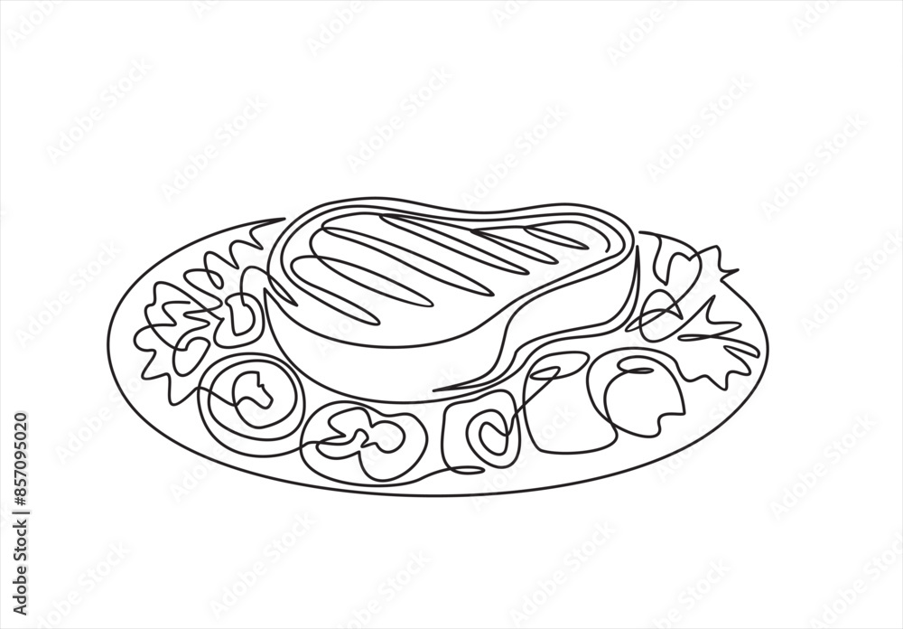 Meat with vegetables dish. meat veal, pork, beef, veal steak grill bbq and vegetable salad. One continuous line drawing. Food in a restaurant. One Line Art isolated white background. Meat with vegetables dish. meat veal, pork, beef, veal steak grill bbq and vegetable salad. One continuous line drawing. Food in a restaurant. One Line Art isolated white background.