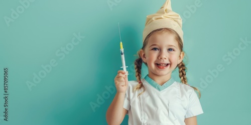 Girl in healthcare professional outfit with syringe, wearing doctor costume on teal background AIG59 photo