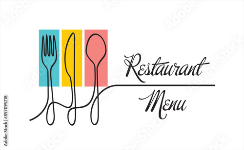 Continuous one line drawing of spoon, knife and fork. Restaurant menu concept.
