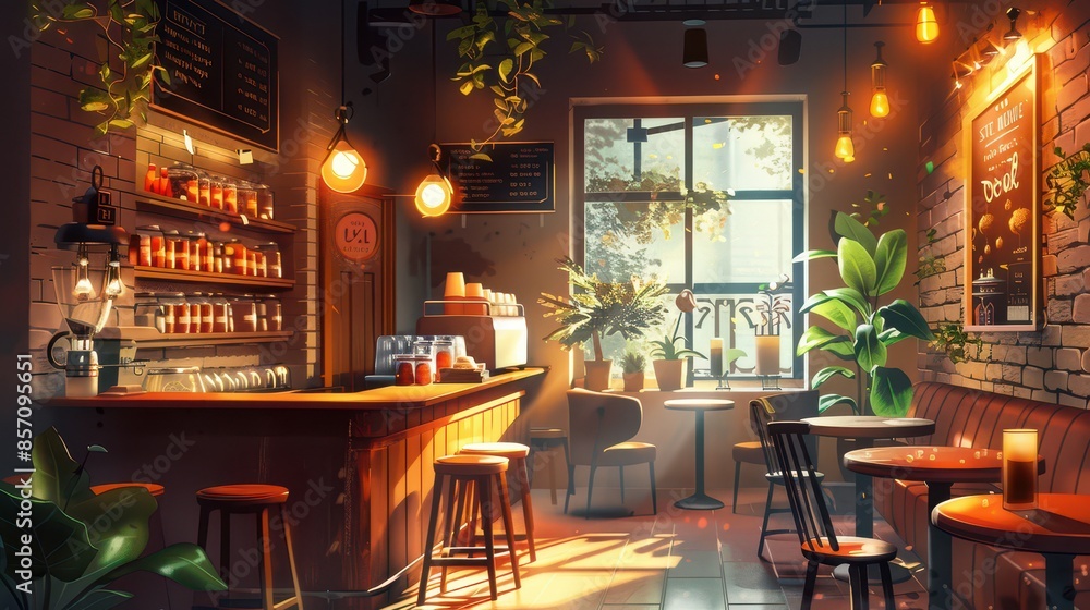 A cozy coffee shop with comfortable seating and warm lighting, illustration background A cozy coffee shop with comfortable seating and warm lighting, illustration background
