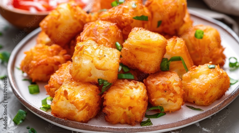 Plate of Homemade Fried Tater Tots in a Side View Plate of Homemade Fried Tater Tots in a Side View
