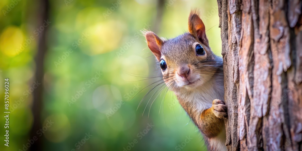 A curious squirrel peeks out from behind a tree trunk in a forest setting with a softly blurred background, squirrel, tree trunk, forest, wildlife, nature, curious, peeking A curious squirrel peeks out from behind a tree trunk in a forest setting with a softly blurred background, squirrel, tree trunk, forest, wildlife, nature, curious, peeking