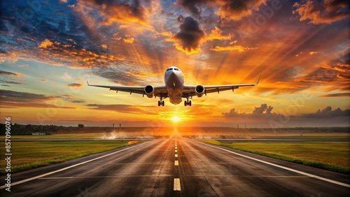 Plane landing on airport runway with sunset sky in background, travel, tourism, airplane, transportation, aviation, arrival photo