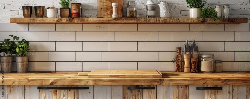 Rustic kitchen with a blank cutting board Rustic kitchen with a blank cutting board