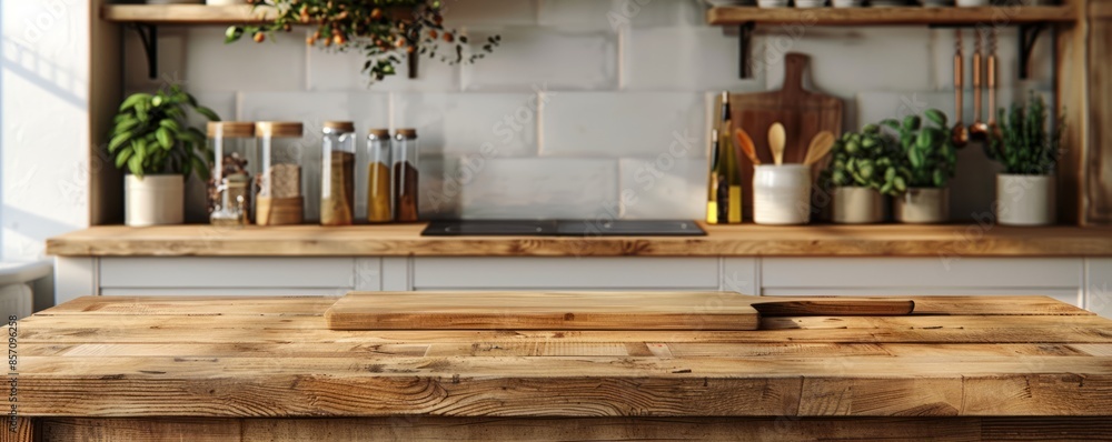 Rustic kitchen with a blank cutting board Rustic kitchen with a blank cutting board