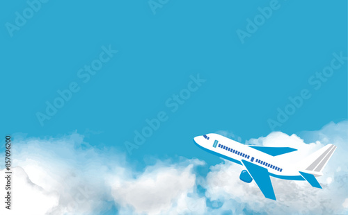 飛行機のある青空の背景イラスト