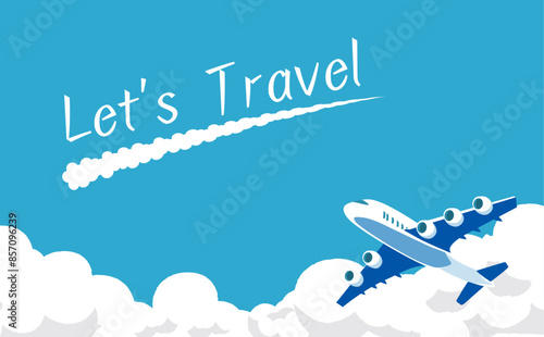 飛行機のある青空の背景イラスト