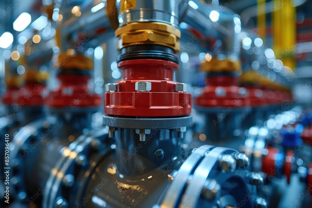 A detailed close-up image of industrial valves and interconnected ...