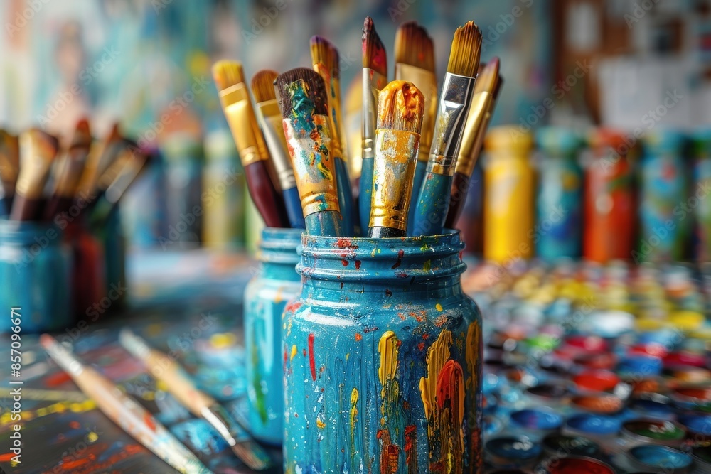 A colorful paintbrush jar filled with various brushes, resting on a worktable in a lively artistic space, exhibiting a vibrant and creative environment rich with art tools and supplies. A colorful paintbrush jar filled with various brushes, resting on a worktable in a lively artistic space, exhibiting a vibrant and creative environment rich with art tools and supplies.