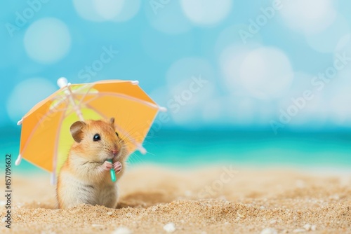 A cute hamster sipping a tiny drink under a miniature beach umbrella on the sand.