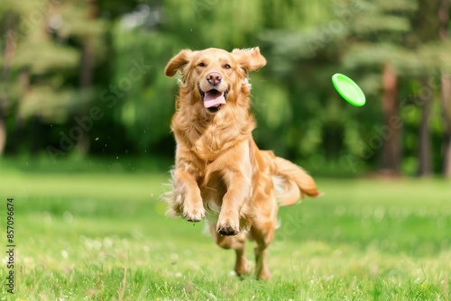 A Golden Retriever jumping mid-air to catch a frisbee in a park.