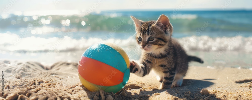 Fototapeta premium A cat playing with a colorful beach ball on a sandy shore with waves in the background.