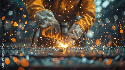 Close up of a worker hands wearing glove Steel drill photo
