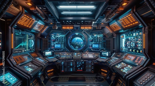 A futuristic spaceship interior with advanced controls and screens, illustration background