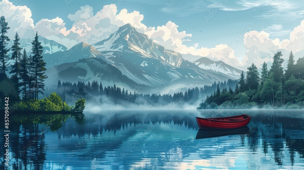 A tranquil lake with mountains in the background and a small boat on the water, illustration background A tranquil lake with mountains in the background and a small boat on the water, illustration background