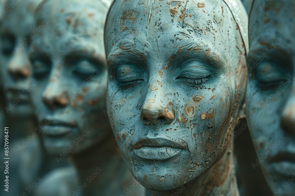 A close-up of several rustic statues with closed eyes, their surfaces peeling, suggesting a theme of decay and timeless contemplation in an abstract setting. A close-up of several rustic statues with closed eyes, their surfaces peeling, suggesting a theme of decay and timeless contemplation in an abstract setting.