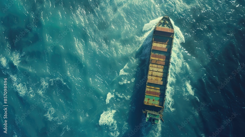 Top view of a cargo ship with containers at sea for logistics and transportation. Top view of a cargo ship with containers at sea for logistics and transportation.
