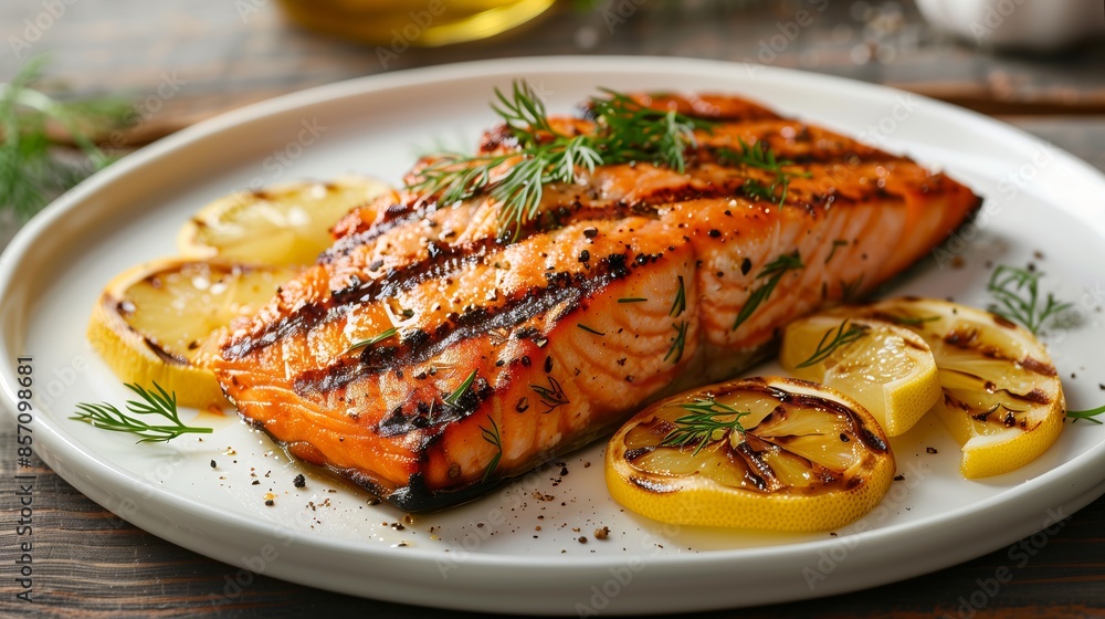 Close-Up of Grilled Salmon Fillet with Lemon Slices and Fresh Dill Close-Up of Grilled Salmon Fillet with Lemon Slices and Fresh Dill