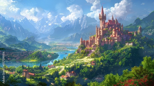 A fantasy kingdom with towering castles and lush greenery, illustration background photo