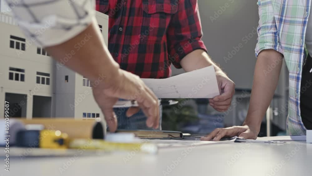 Architects discussing building plans, pointing at blueprints, and working together on a project with a scale model in an office setting Architects discussing building plans, pointing at blueprints, and working together on a project with a scale model in an office setting