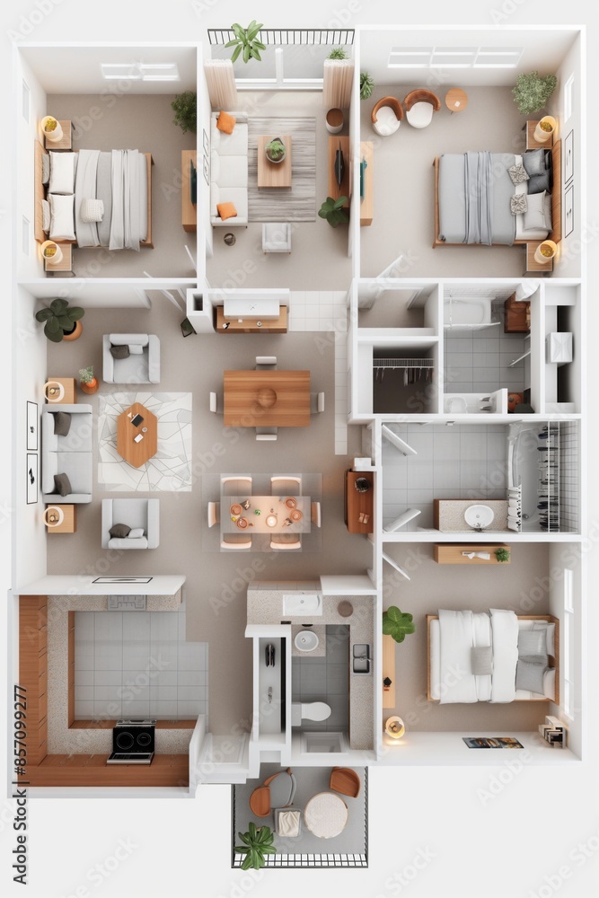 Modern apartment interior design, top view of cozy living space. Modern apartment interior design, top view of cozy living space.