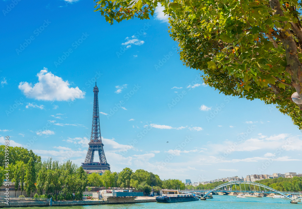 Fototapeta premium World famous Eiffel tower seen from Seine river on a sunny day