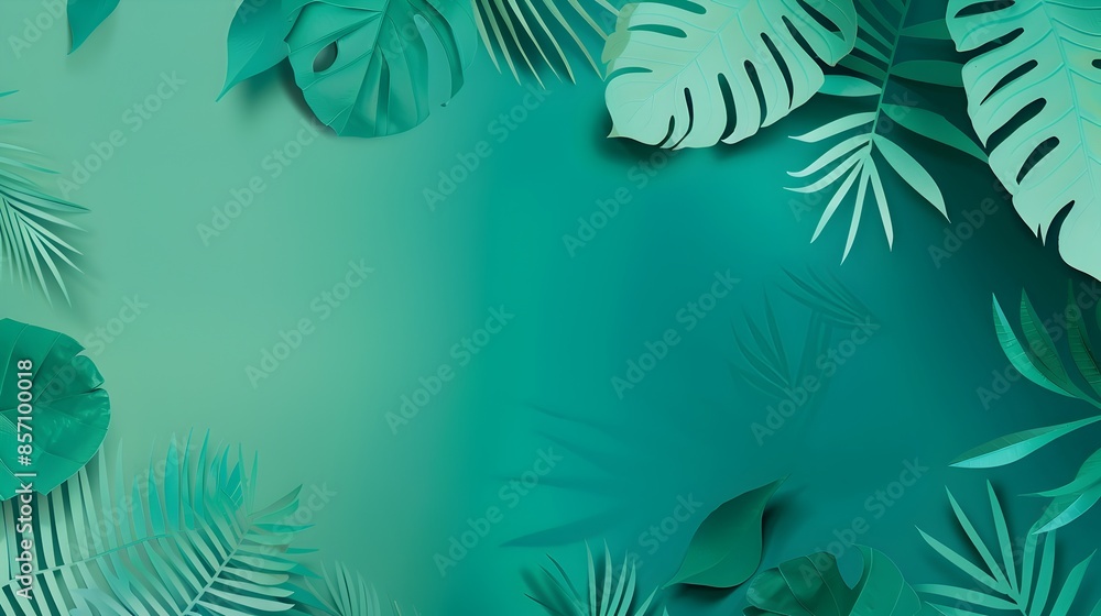 Tropical paper art composition with monstera and palm leaves on green background Tropical paper art composition with monstera and palm leaves on green background