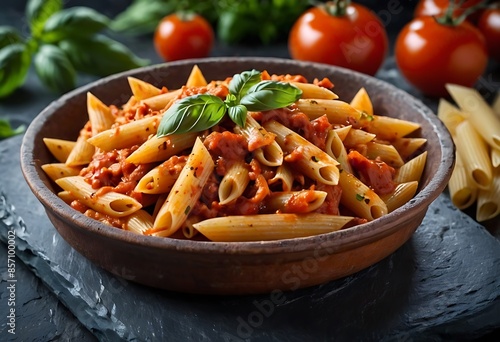 Delicious Penne Pasta with sausages, tomato sauce, parmesan cheese, basil and vegetables served