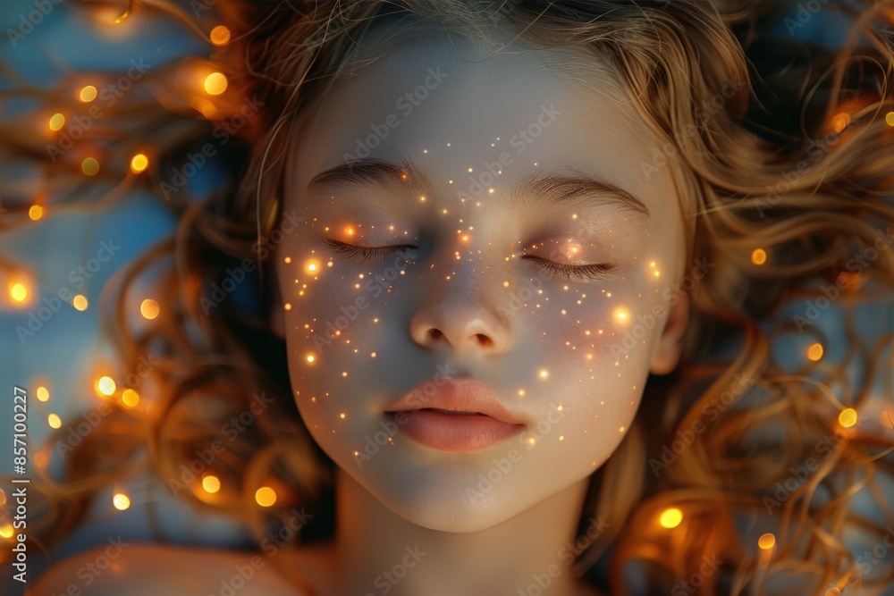 A girl with wavy hair lies with her eyes closed, surrounded by glowing lights representing tranquility, serenity, dreams, and peaceful rest in a magical, ethereal scene. A girl with wavy hair lies with her eyes closed, surrounded by glowing lights representing tranquility, serenity, dreams, and peaceful rest in a magical, ethereal scene.