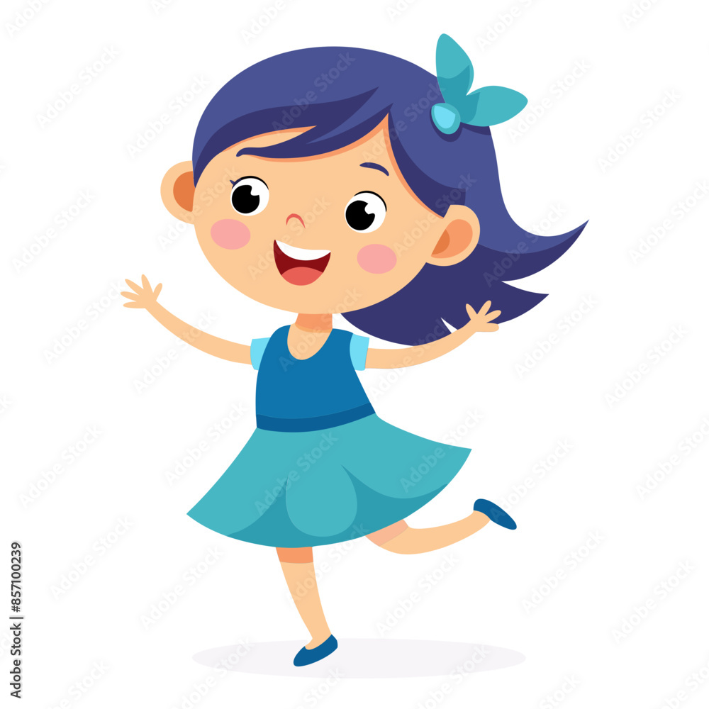 cute little girl in a blue dress happily dancing simplistic flat design isolated transparent white background cute little girl in a blue dress happily dancing simplistic flat design isolated transparent white background