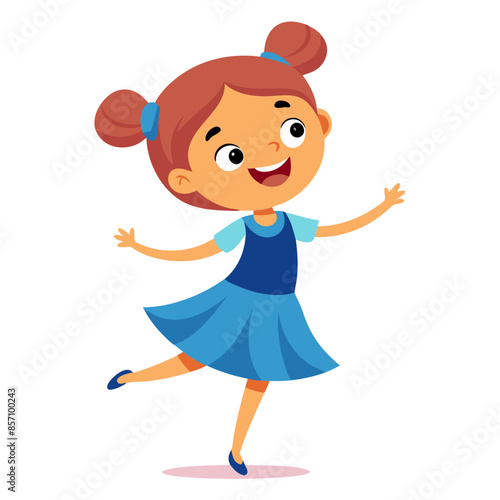 cute little girl in a blue dress happily dancing simplistic flat design isolated transparent white background 