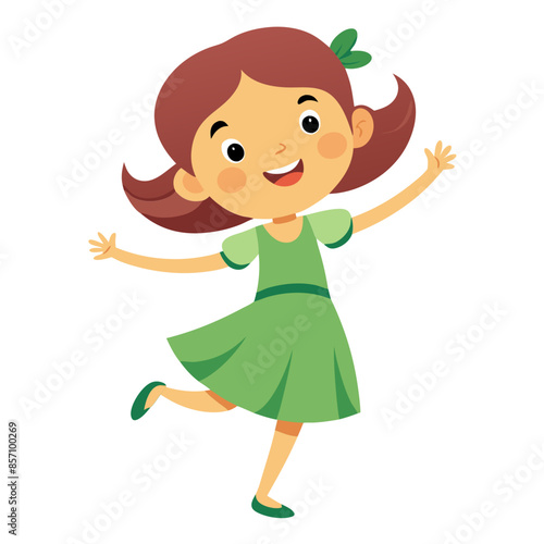 cute little gril in a green dress happily dancing simplistic flat design isolated transparent white background 