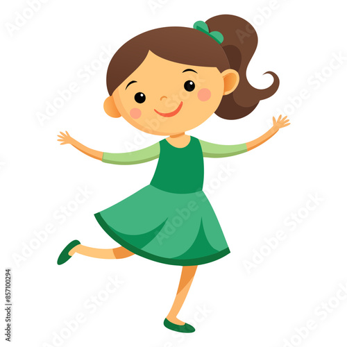 cute little gril in a green dress happily dancing simplistic flat design isolated transparent white background 