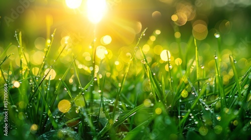 A field of green grass with a sun shining on it