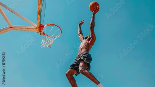 African american basketball player in mid air, taking a one handed shot at the hoop