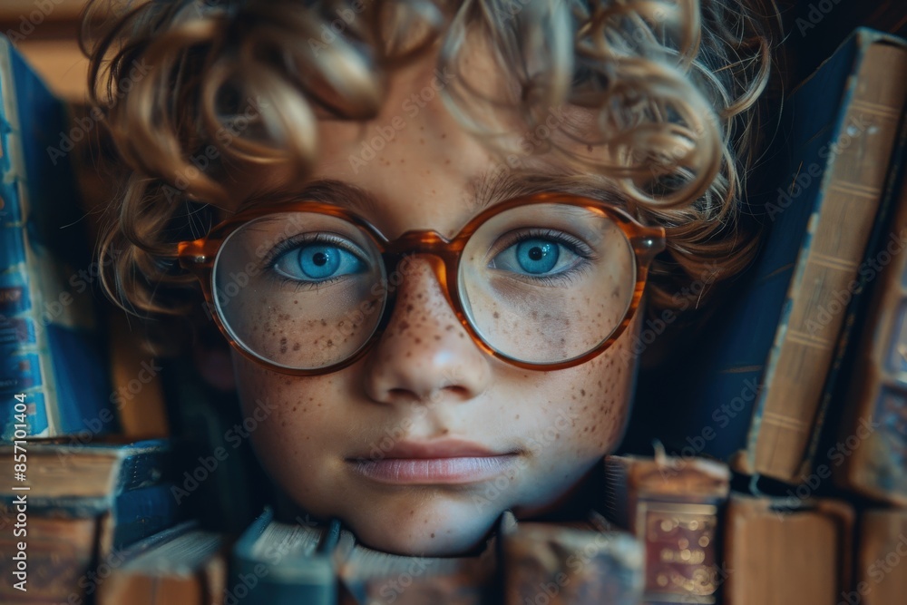 A boy with glasses has his face framed by books in a library, embodying wisdom, curiosity, geekiness, intelligence, and the richness of knowledge in a scholarly atmosphere. A boy with glasses has his face framed by books in a library, embodying wisdom, curiosity, geekiness, intelligence, and the richness of knowledge in a scholarly atmosphere.