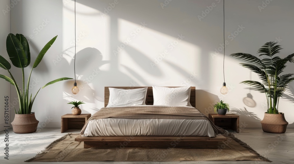 Modern bedroom with a minimalist design, including a low wooden bed with a white bedspread, two wooden bedside tables, each with a hanging pendant light above Modern bedroom with a minimalist design, including a low wooden bed with a white bedspread, two wooden bedside tables, each with a hanging pendant light above