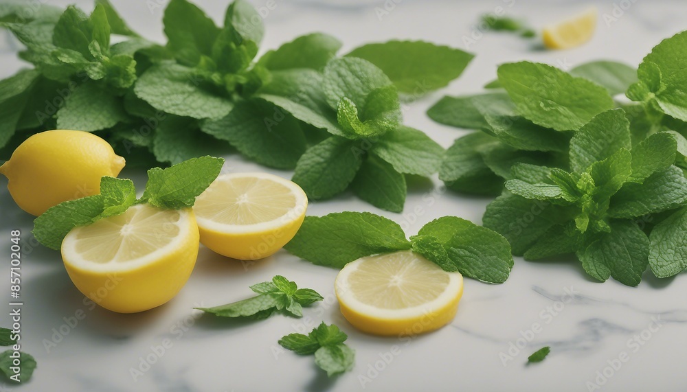 Close-up of fresh mint leaves and lemon slices on a table, featuring at least 9 leaves of various sizes and 3 whole lemons, creating a visually appealing display of herbs and citrus fruits. Close-up of fresh mint leaves and lemon slices on a table, featuring at least 9 leaves of various sizes and 3 whole lemons, creating a visually appealing display of herbs and citrus fruits.