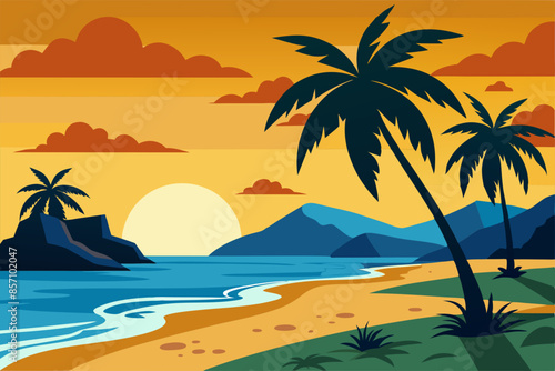 Panoramic landscape, sunset with the palms on colourful background