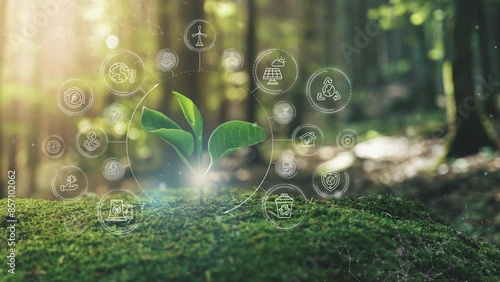 Ecological Green Energy Icons Concept Young plant springing up out of the moss soil