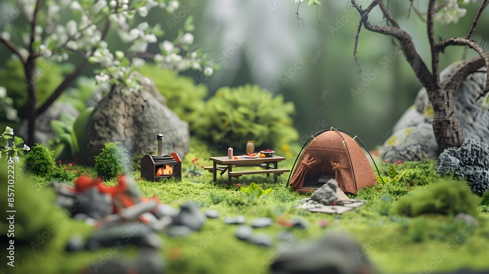 Obraz premium Spring felt camping landscape illustration poster background