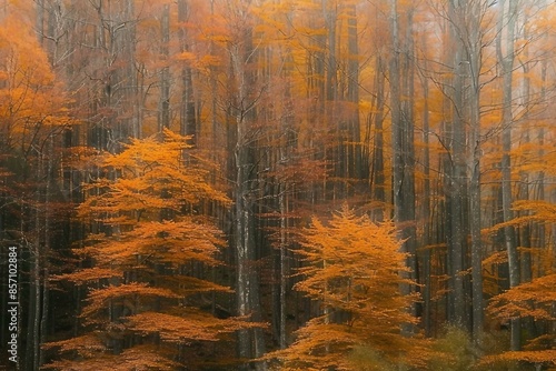 Abstract background of trees with golden leaves growing in woods in fall season in ordesa national park in spain